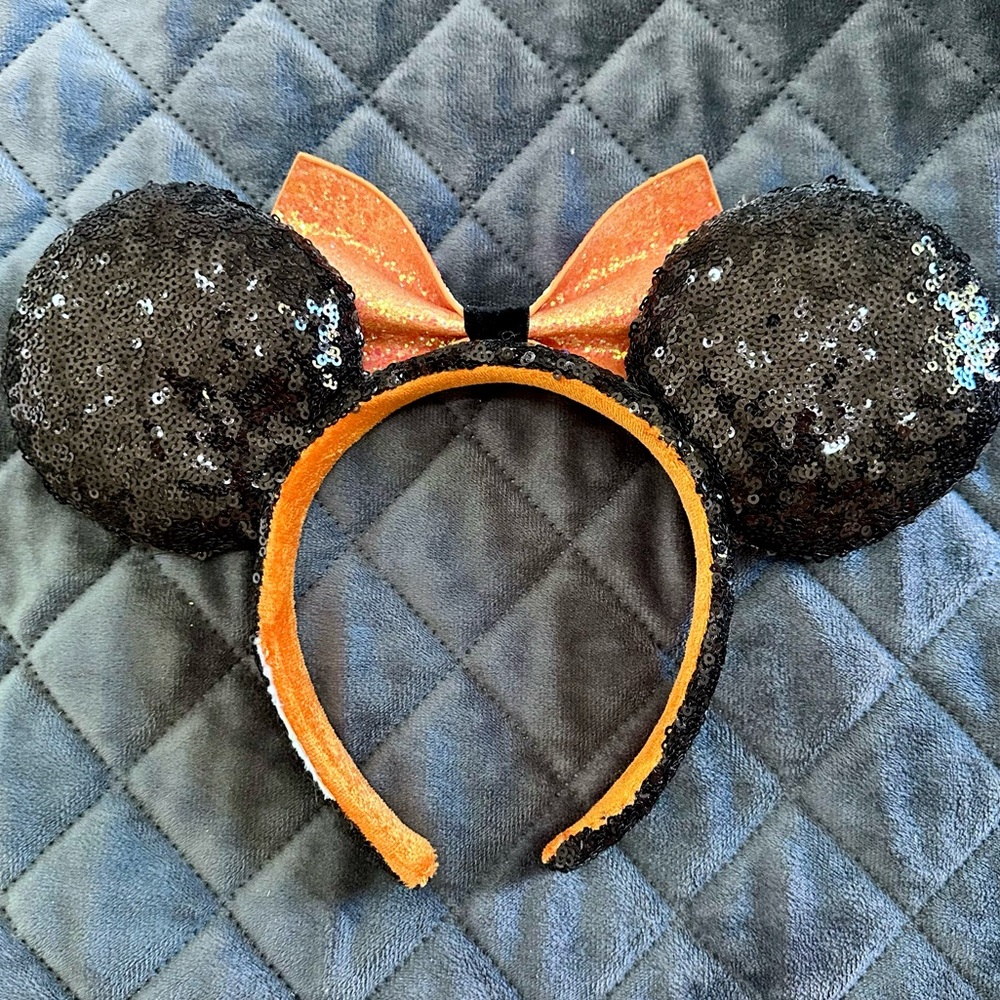 Disney Parks Official Sequin Mickey Mouse Ears Headband with Orange Bow - Picture 3 of 4